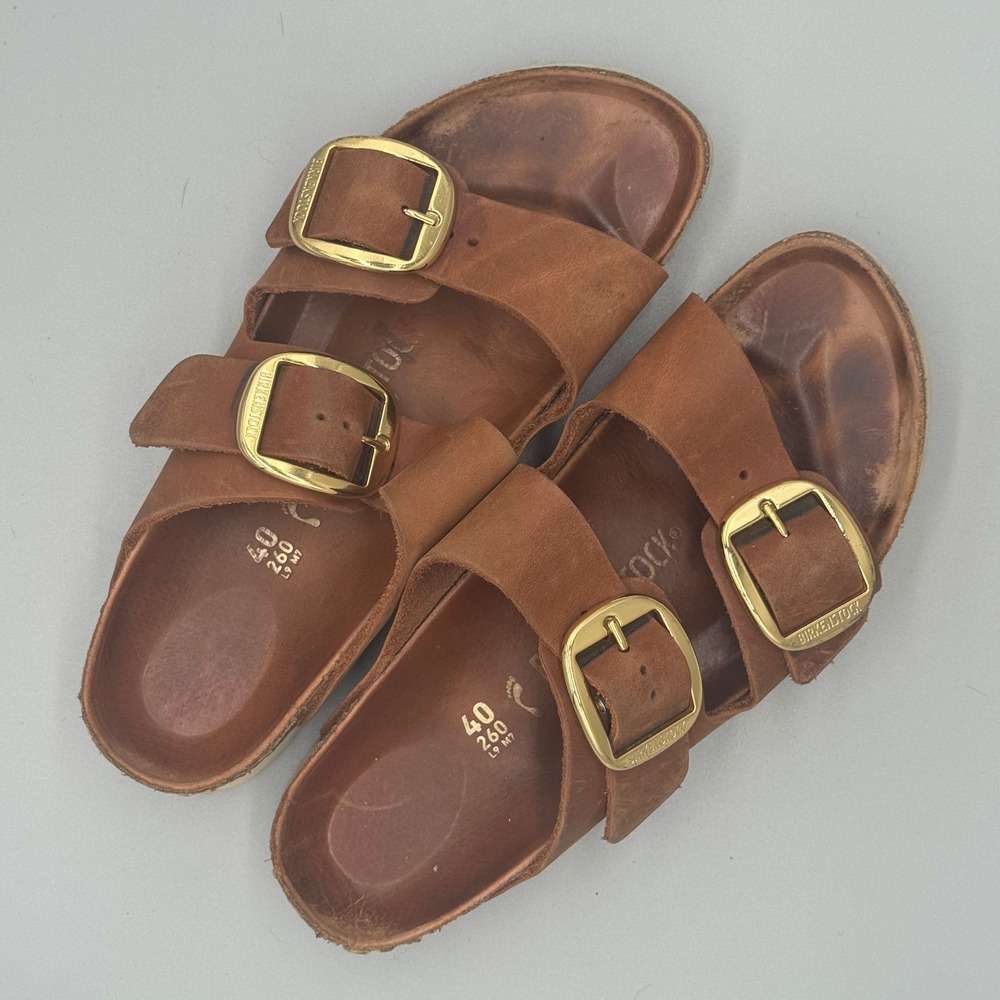 Birkenstock Arizona Big Buckle Cognac Oiled Leather Sandals Gold Hardware 40 L9